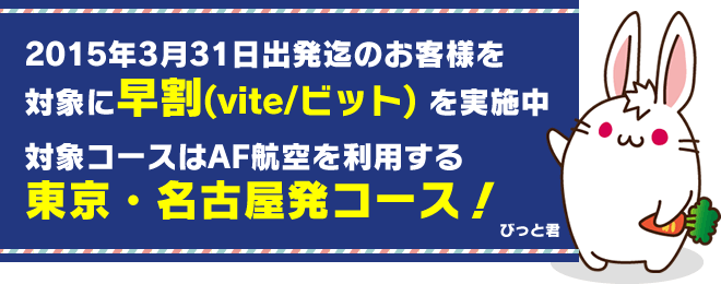 2015年3月31日出発迄のお客様を対象に早割(vite/ビット)を実施中 対象コースはAF航空を利用する東京・名古屋発コース！